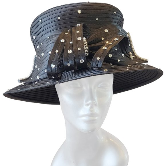 Beautifu dressy designer couture special occasion satin ribbon hat church Black
